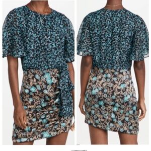 Misa Talia Dress Mini Ruched Butterfly Sleeves Black Teal Gold Floral Metallic S